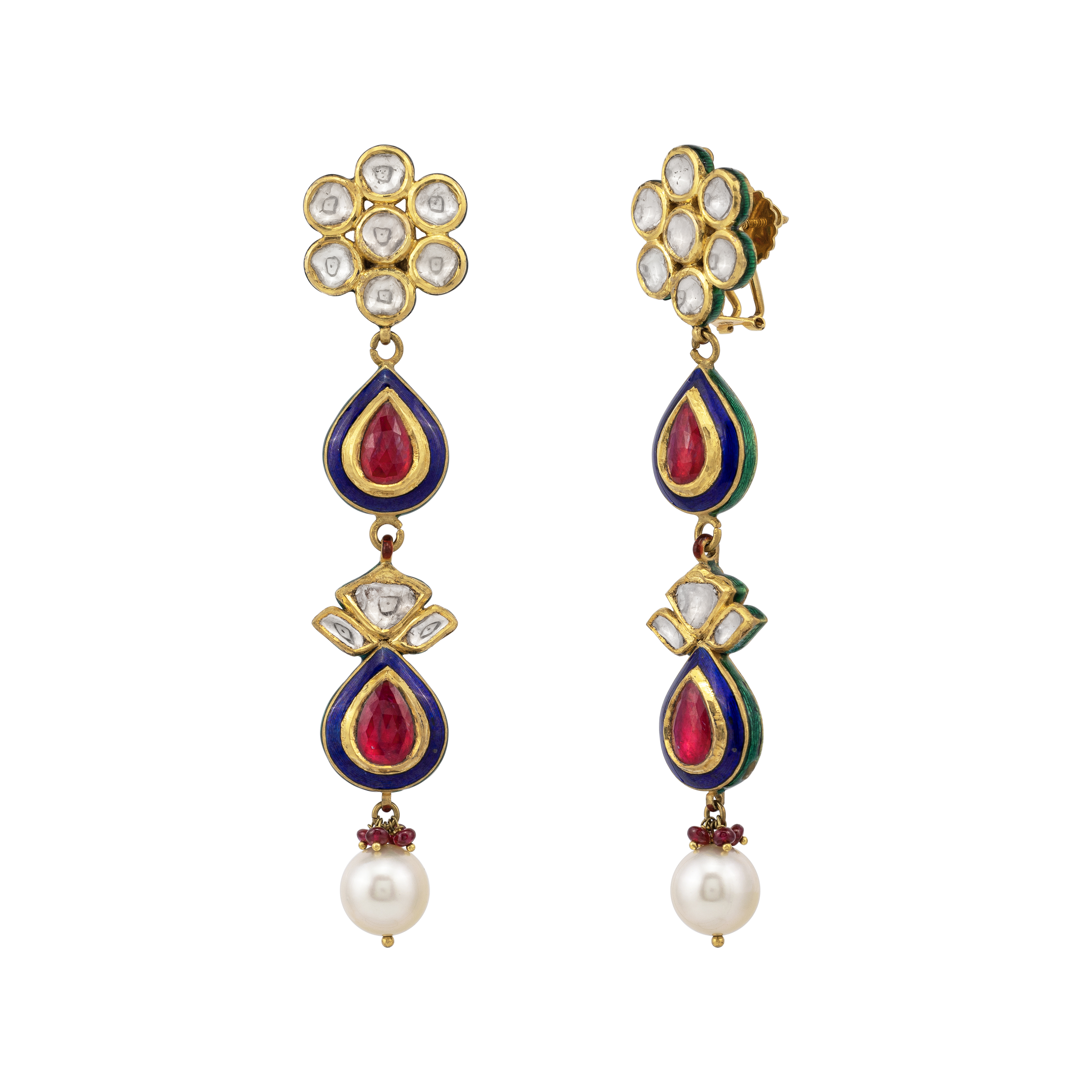 Floral Red Polki Earrings with Blue Enamel and Pearl Drop